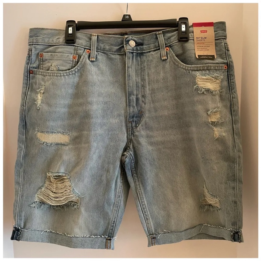 LEVI’S 511 Men’s Slim Fit Blue Distressed Denim Jean Shorts